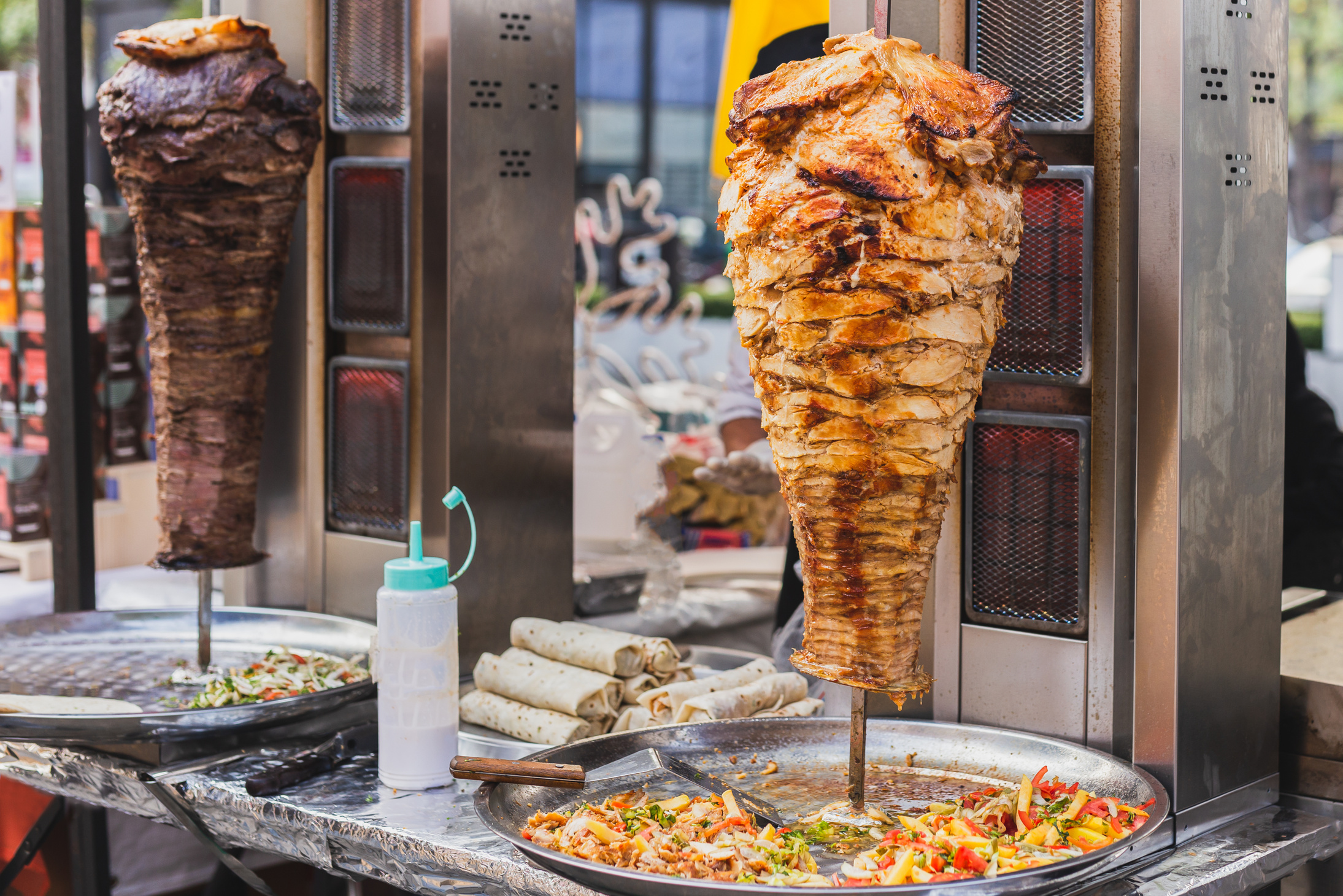 Traditional turkish food chicken doner and beef doner kebab on s